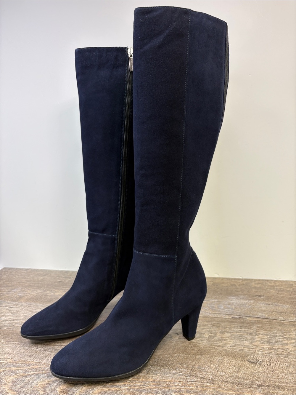 Aquatalia Navy Suede Knee-High Stretch Back Heeled Boots Size 8